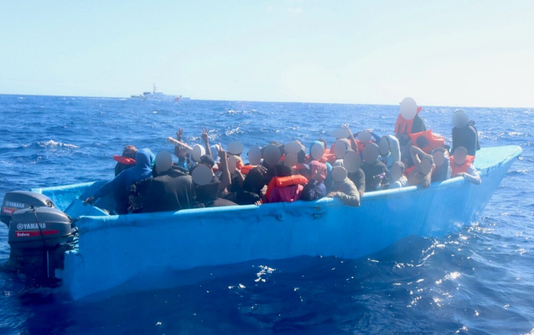 Coast Guard Cutter Isaac Mayo working with a Customs and Border Protection aircraft interdicts an unlawful migration voyage vessel south of Mona Island, Puerto Rico, Dec. 16, 2024.  The 53 migrants interdicted in this voyage were repatriated along with 55 migrants from two separate interdictions to Dominican Republic Navy authorities in San Pedro de Macoris, Dominican Republic, Dec. 17, 2024. (U.S. Coast Guard photo)