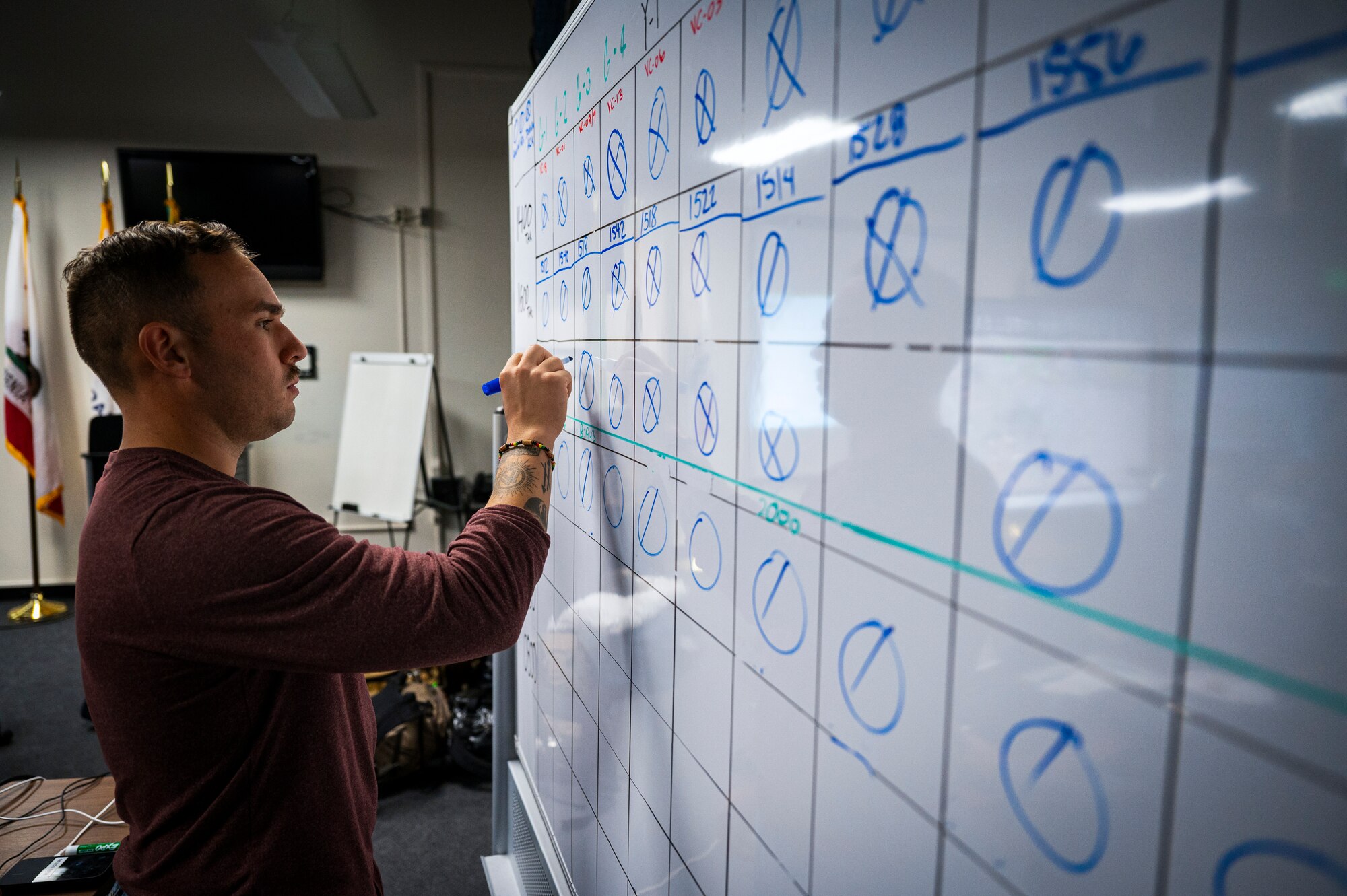 U.S. Air Force 1st Lt. Joel Sanchez-Rosado, 818th Mobility Support Advisory Squadron deputy chief of weapons and tactics, updates a communications check white board during Exercise Sourdough in San Francisco, California, Dec. 4, 2024.