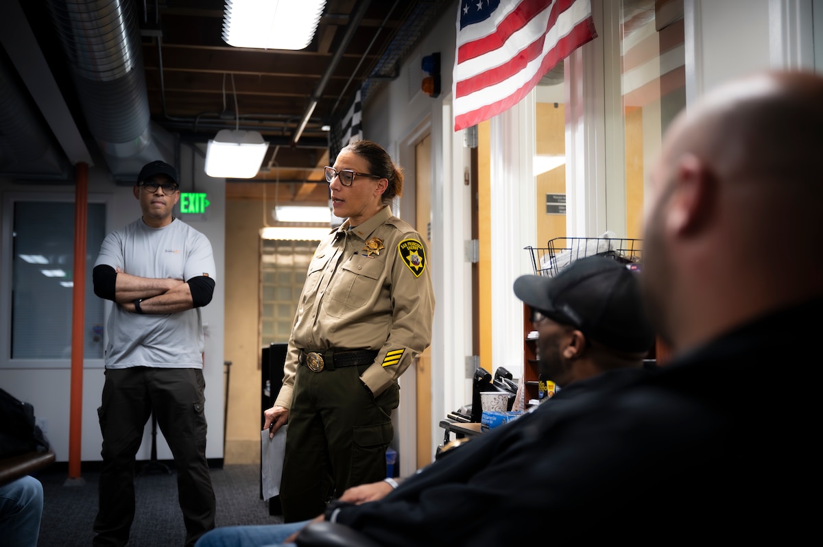 San Francisco Sheriff's Office Lt. Rebecca Lee, SFSO lieutenant of Homeland Security, briefs her team during Exercise Sourdough in San Francisco, California, Dec. 4, 2024.