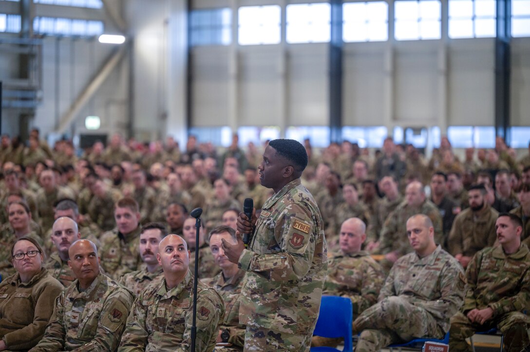 Military member speaks during all-call