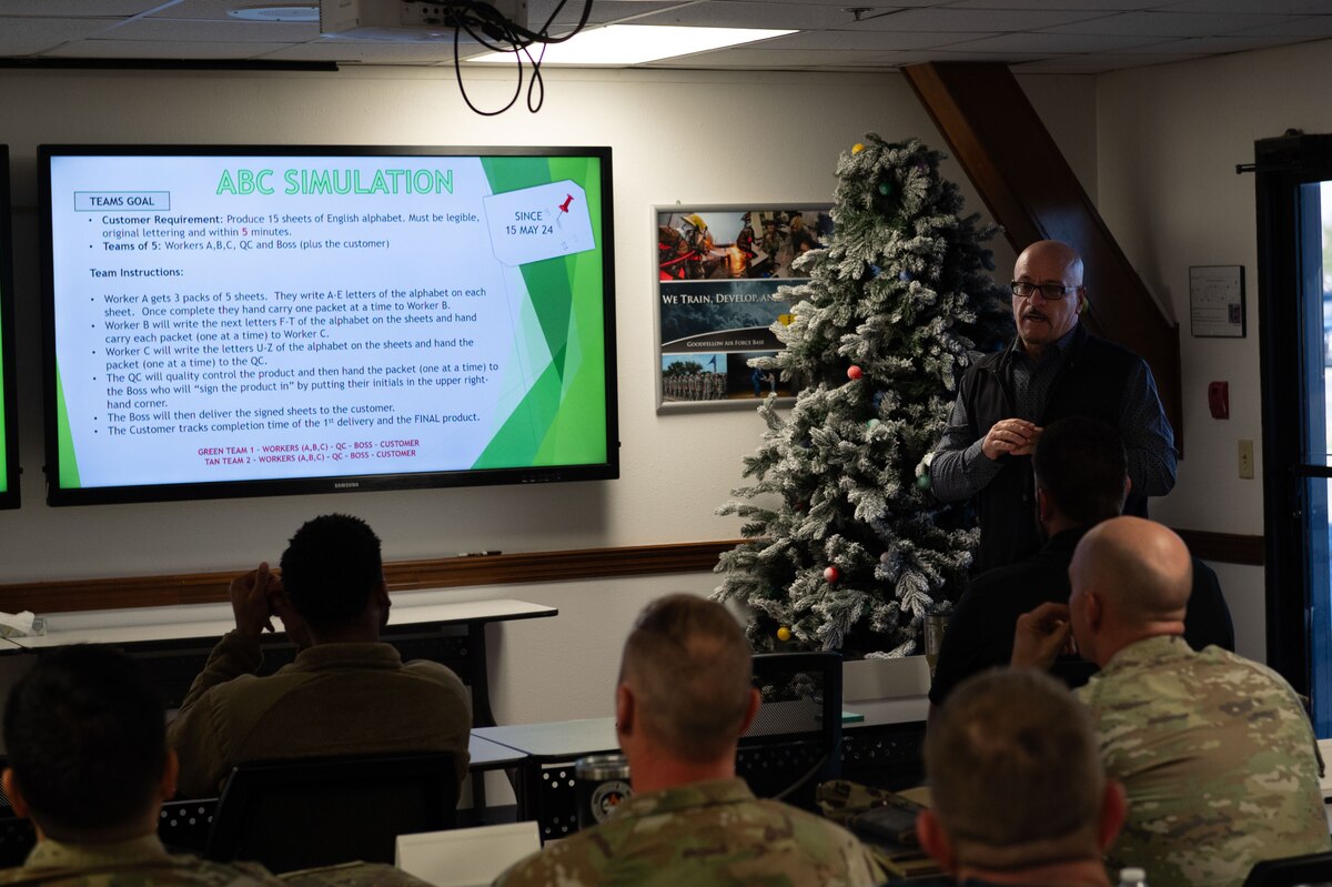 Brian Marchitello, Air Education and Training Command master process officer, teaches the Practical Problem-Solving Methodology class at the Military Family Readiness Center, Goodfellow Air Force Base, Texas, Dec. 11, 2024. The PPSM class provides an organization with a structured process to identify and solve problems in the workplace quickly and efficiently. (U.S. Air Force photo by Airman 1st Class Brian Lummus)