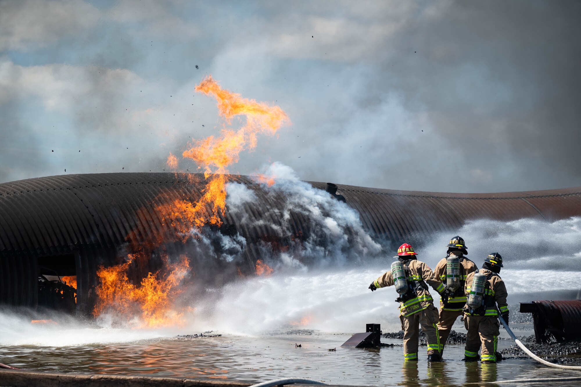 Citizen Airmen from the 624th Civil Engineering Squadron joined firefighters from Marine Corps Base Hawaii, the U.S. Army’s 297th Engineer Detachment, and the Maui Airport Fire Fighting Rescue Station to practice firefighting techniques Sept. 7-8, 2024, in Kahului, on Maui.