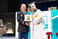Louisiana National Guard Youth Challenge Program Cadet Myles Dean of West Monroe was recognized during the Class 2024-1 graduation ceremony at the Pentecostals of Alexandria Church in Alexandria, Louisiana, Dec. 14, 2024. Dean earned the class’s highest academic marks, including an ACT score of 32 out of 36, an ASVAB score of 93 out of 99, and a HiSET score of 98 out of 100.
