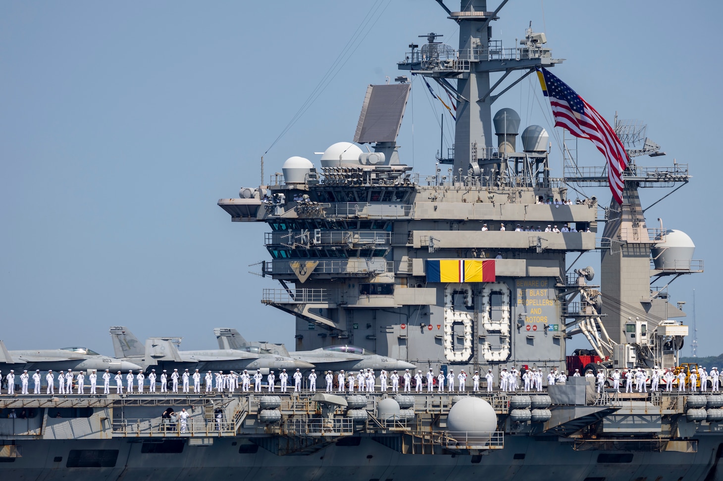 The Nimitz-class aircraft carrier USS Dwight D. Eisenhower (CVN 69) returns to Naval Station Norfolk, July 14, concluding a nine-month deployment to the Atlantic. Eisenhower, the flagship of the Ike Carrier Strike Group, departed Norfolk Oct. 14, 2023, to conduct a scheduled deployment to U.S. 5th and 6th Fleet area of operations in support of maritime security operations, theater security cooperation efforts, and enhanced vigilance activities operations with NATO allies and partners.