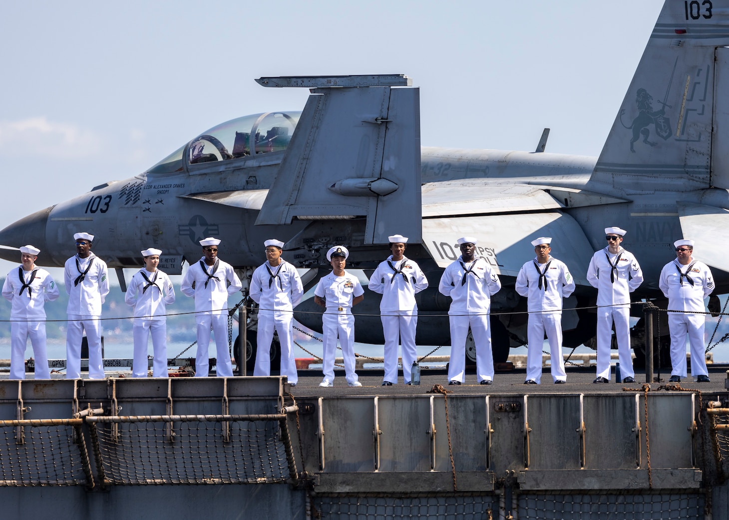 Sailors man the rails on the flight deck of the Nimitz-class aircraft carrier USS Dwight D. Eisenhower (CVN 69), July 14, concluding a nine-month deployment to the Atlantic. Eisenhower, the flagship of the Ike Carrier Strike Group, departed Norfolk Oct. 14, 2023, to conduct a scheduled deployment to U.S. 5th and 6th Fleet area of operations in support of maritime security operations, theater security cooperation efforts, and enhanced vigilance activities operations with NATO allies and partners.