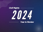 Purple background with text Civil Rights centered top left with a line. Below that in larger text is 2024. Below that is a another line with text year in review.
