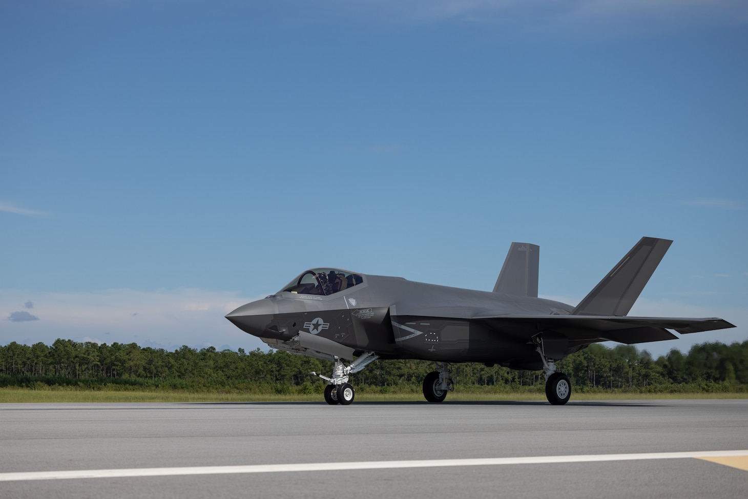 U.S. Marine Corps Lt. Col. Evan Shockley, from Virginia and commanding officer, Marine Fighter Attack Squadron (VMFA) 251, taxis an F-35C Lightning Il at Marine Corps Air Station Cherry Point, North Carolina, Sept. 17. VMFA-251 became the first East Coast-based Marine Corps squadron to receive the F-35C, designed to operate from conventional aircraft carriers or land bases and provides operational flexibility and persistence to II Marine Expeditionary Force.