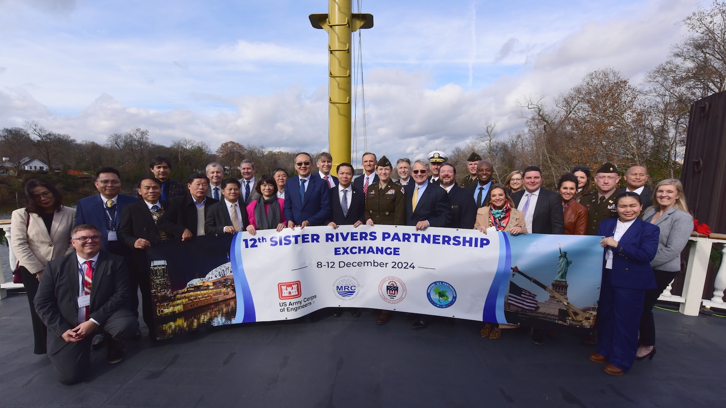 Participants of the 12th Mekong-Mississippi Sister Rivers Partnership Exchange Talks pose on the General Jackson together Dec. 9, 2024, on the Cumberland River in Nashville, Tennessee. The Mekong River Commission and Mississippi River Commission met to strengthen international collaboration for sustainable management of water resources. Topics included management of population water resource needs, navigation, hydropower, environmental planning, flood risk management, and natural based solutions. The Sister Rivers Partnership Exchange supports the Mekong-U.S. Partnership (MUSP).