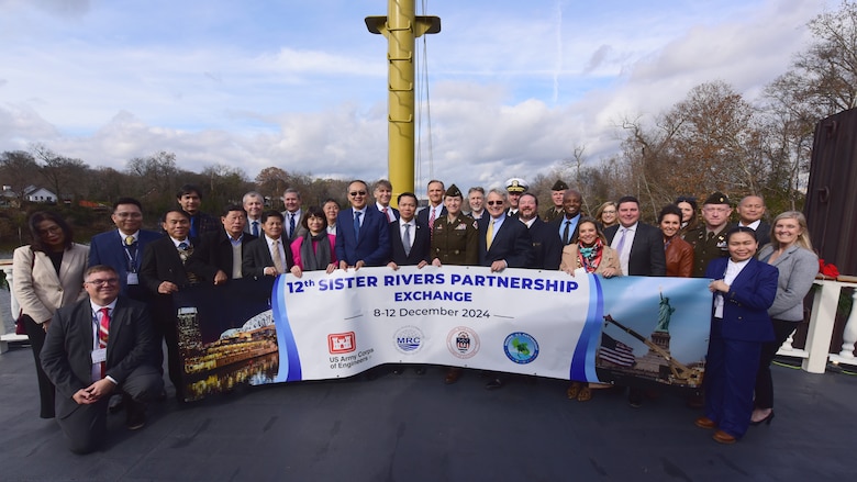 Participants of the 12th Mekong-Mississippi Sister Rivers Partnership Exchange Talks pose on the General Jackson together Dec. 9, 2024, on the Cumberland River in Nashville, Tennessee. The Mekong River Commission and Mississippi River Commission met to strengthen international collaboration for sustainable management of water resources. Topics included management of population water resource needs, navigation, hydropower, environmental planning, flood risk management, and natural based solutions. The Sister Rivers Partnership Exchange supports the Mekong-U.S. Partnership (MUSP).