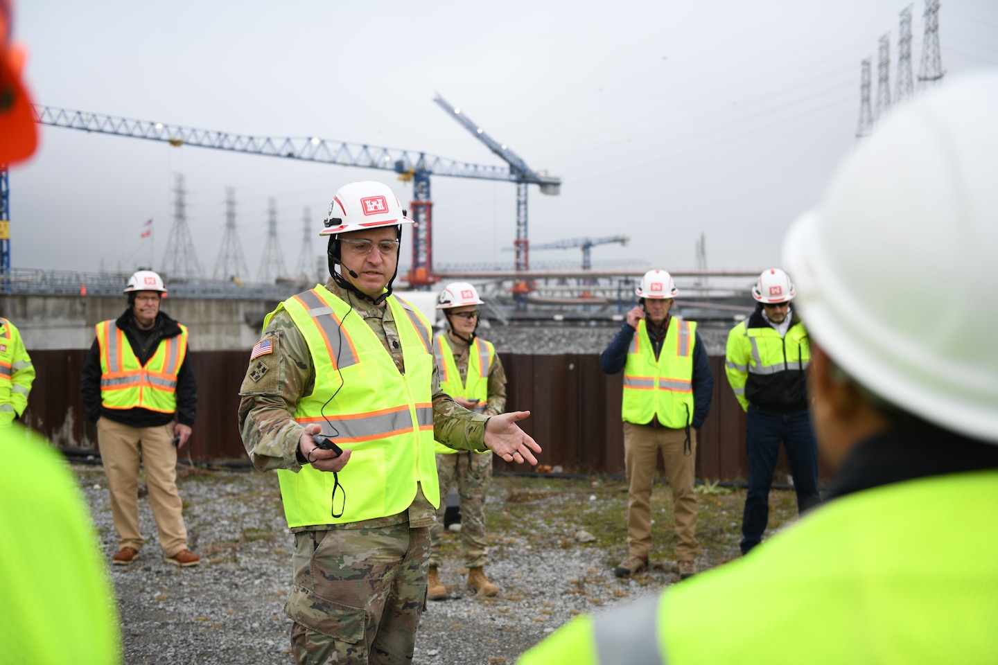 Lt. Col. Robert Green, U.S. Army Corps of Engineers Nashville District commander, welcomes delegates Dec. 10, 2024, from the Mekong River Commission and Mississippi River Commission to Kentucky Lock on the Tennessee River in Grand Rivers, Kentucky. The Mekong River Commission and Mississippi River Commission met to strengthen international collaboration for sustainable management of water resources. Topics included management of population water resource needs, navigation, hydropower, environmental planning, flood risk management, and natural based solutions. The Sister Rivers Partnership Exchange supports the Mekong-U.S. Partnership (MUSP).