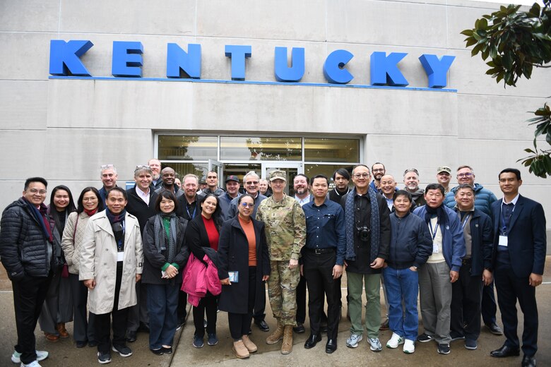 Participants of the 12th Mekong-Mississippi Sister Rivers Partnership Exchange pose together Dec. 10, 2024, in front of the Tennessee Valley Authority’s visitor center at Kentucky Dam on the Tennessee River in Grand River, Kentucky. The Mekong River Commission and Mississippi River Commission met to strengthen international collaboration for sustainable management of water resources. Topics included management of population water resource needs, navigation, hydropower, environmental planning, flood risk management, and natural based solutions. The Sister Rivers Partnership Exchange supports the Mekong-U.S. Partnership (MUSP).