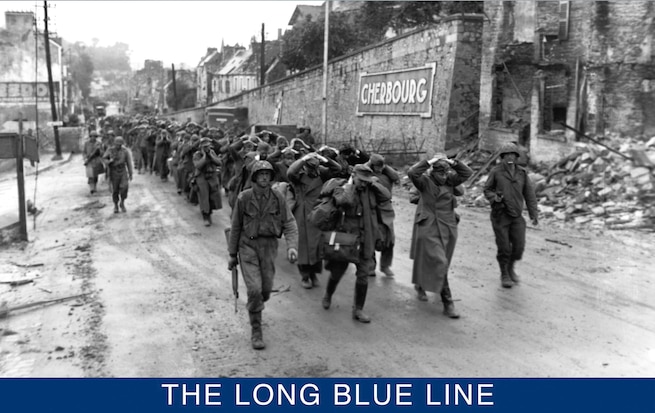 German prisoners march out of surrendered Cherbourg under U.S. Army guard. (U.S. Navy)