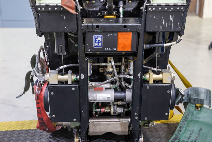 The underside of a pilot's aircraft seat is displayed at Beale Air Force Base, Dec. 2, 2024.