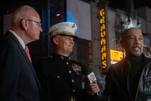 Retired U.S. Marine Corps Lt. Gen. James Laster, left, president and CEO of the Toys for Tots Foundation, and U.S. Marine Corps Lt. Gen. Leonard Anderson, center, commander of U.S. Marine Corps Forces Reserve and U.S. Marine Corps Forces South, are interviewed by Montel WiIliams during the 92nd Hollywood Christmas Parade in Hollywood, California, Dec. 1, 2024. The mission of the Toys for Tots Holiday Program is to collect new, unwrapped toys, books, and other gifts and distribute them to less fortunate children at Christmastime. The Hollywood Christmas Parade is an annual American parade held on the Sunday after Thanksgiving in Hollywood; it follows a 3.5-mile route along Hollywood Boulevard, then back along Sunset Boulevard, featuring various celebrities. (U.S. Marine Corps photo by Cpl. Fred Garcia)