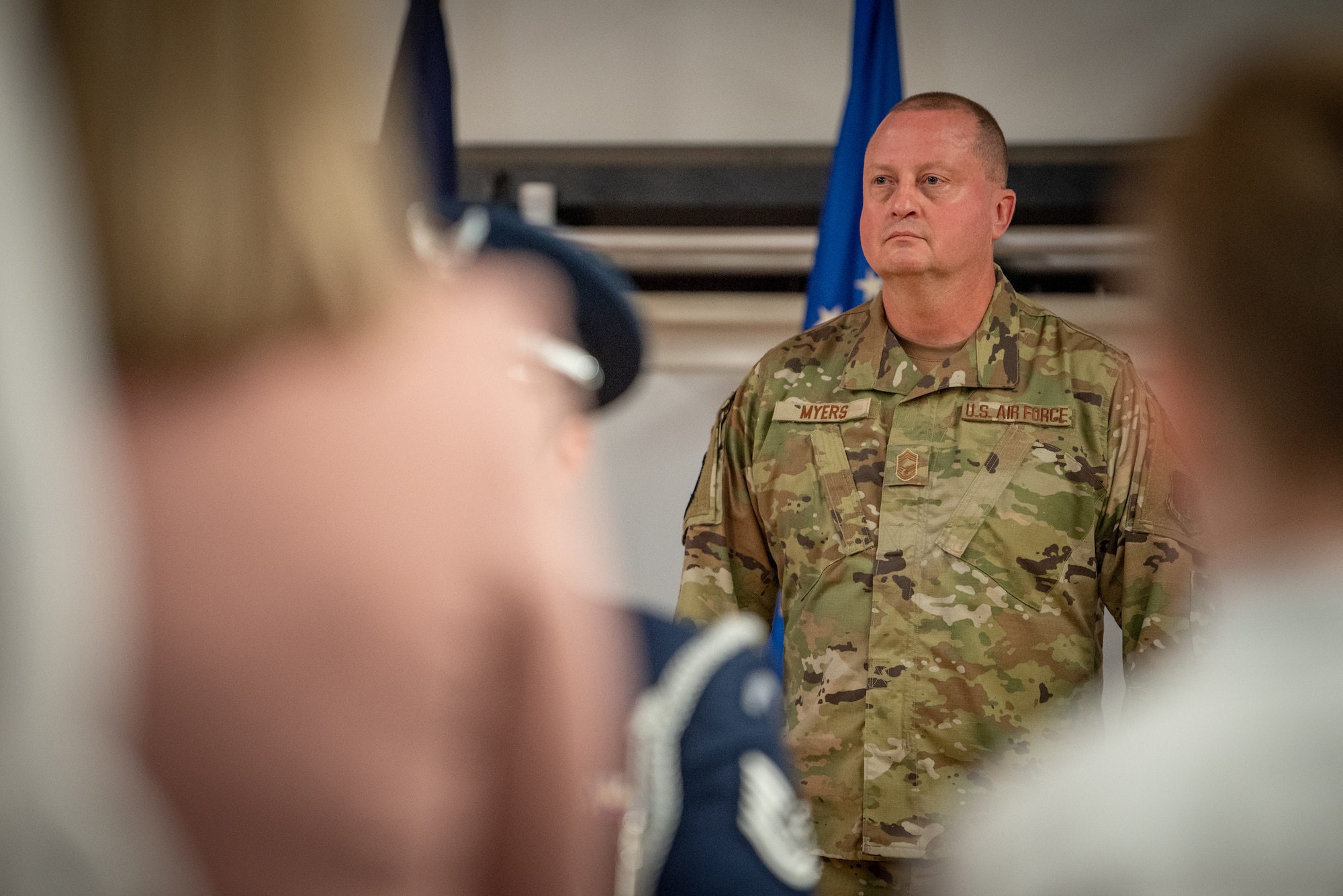 Chief Master Sgt. Gregory Myers, 123rd Security Forces Squadron manager, is officially retired during a ceremony at the Kentucky Air National Guard Base in Louisville, Ky., Oct. 13, 2024. Myers served for 30 years in the active-duty Air Force and Air National Guard. (U.S. Air National Guard photo by Master Sgt. Joshua Horton)