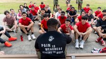 U.S. Marine Corps Staff Sgt. Raymond Cleveland, center foreground, the staff non-commissioned officer in charge of Recruiting Sub Station Beaumont, Recruiting Station Houston, leads a mentorship session with poolees after an initial strength test at Gulf Terrace Park in Beaumont, Texas, Dec. 14, 2024. The poolees were evaluated on their pull-ups, ammo can lifts, plank, and 1.5-mile run in order to prepare them for recruit training. (U.S. Marine Corps photo by Sgt. Ryan H. Pulliam)