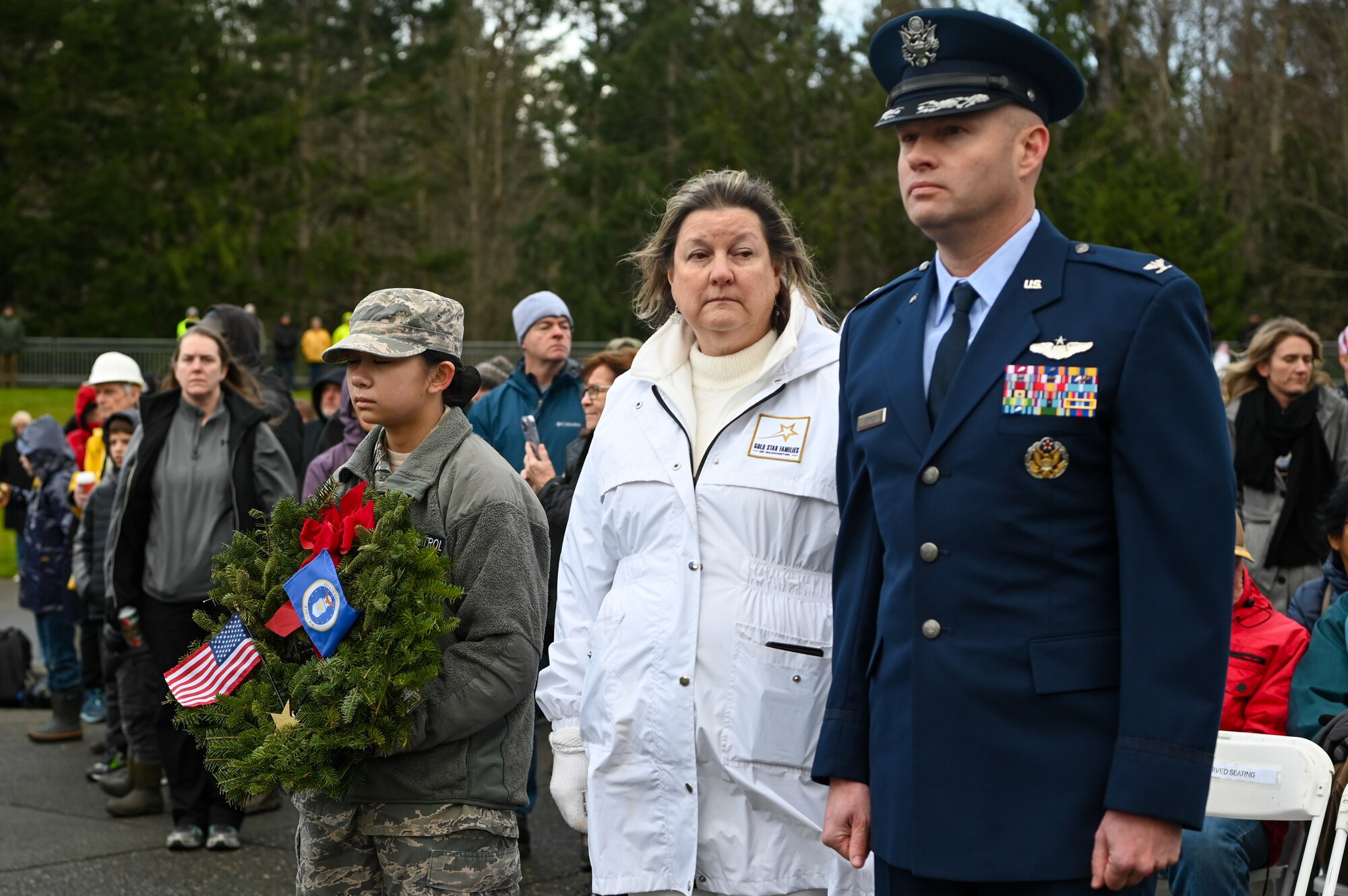 Wreath laying on head stone.