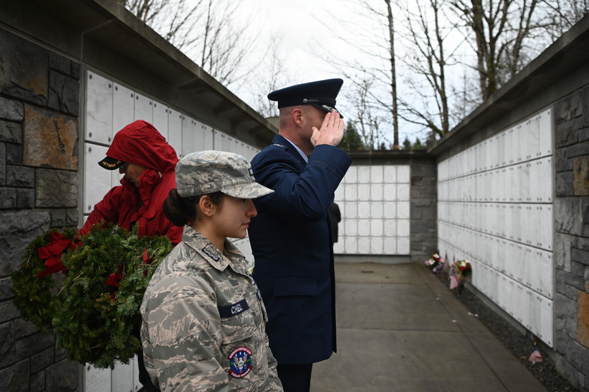 Wreath laying on head stone.