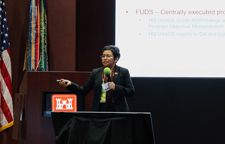 Gunarti Coghlan, USACE Headquarters DOD Environmental Programs branch chief, speaking at the Military Munitions Support Services Conference.
