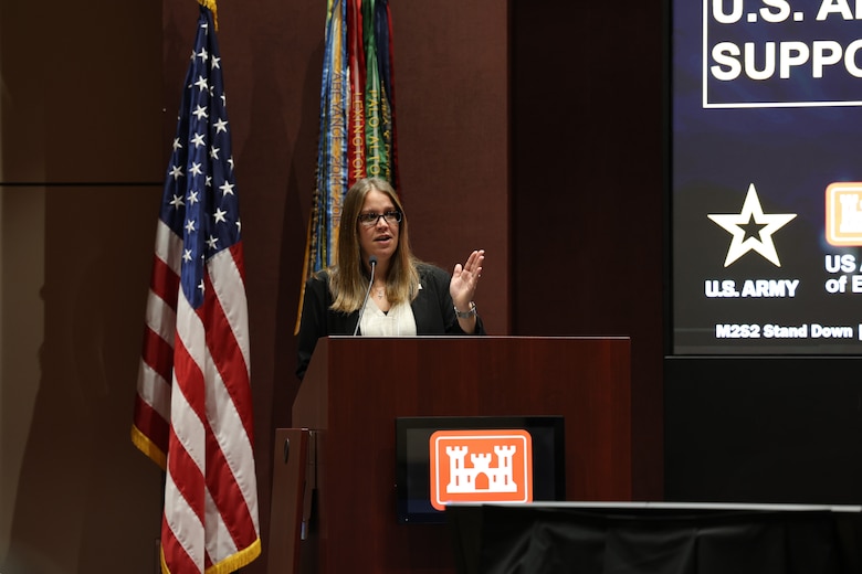 Michelle Lordemann, Huntsville Center Environmental and Munitions Mandatory Center of Expertise director, speaking at the Military Munitions Support Services Conference.