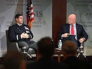 Space Force leadership speaks on panel in front of an audience.