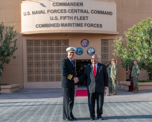 Secretary of the Navy Carlos Del Toro poses for a photo with U.S. Navy Vice Adm. George Wikoff, commander, U.S. Naval Forces Central Command (NAVCENT) and U.S. 5th Fleet, while visiting NAVCENT headquarters.