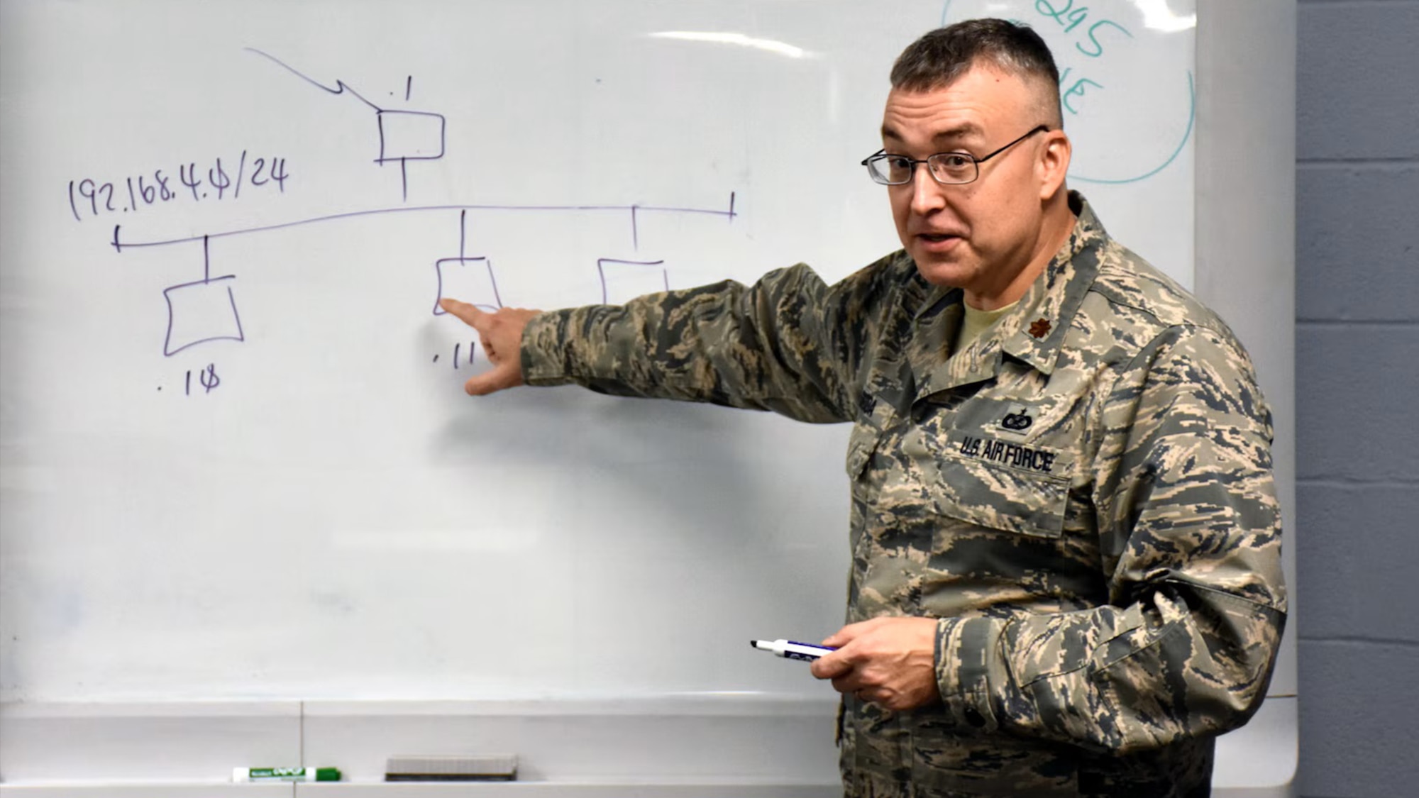 A man in a military uniform teaches a class at a military learning facility.