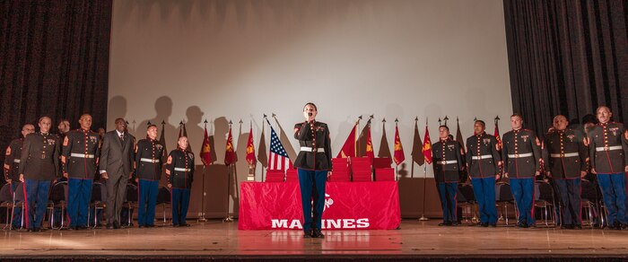 U.S. Marine Corps Sgt. Kaise Wagner, vocalist with Marine Band San Diego, Headquarters and Service Battalion, Marine Corps Recruit Depot San Diego, sings the national anthem prior to the Basic Recruiter’s Course 1-25 graduation at Marine Corps Recruit Depot San Diego, California, Dec. 13, 2024. The mission of the BRC is to provide staff noncommissioned officers and noncommissioned officers the basic skills and knowledge in order to successfully inform young men and women about the opportunities and career paths the Marine Corps has to offer. (U.S. Marine Corps photo by Lance Cpl. Janell B. Alvarez)