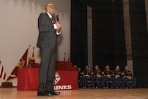 Retired U.S. Marine Corps Master Gunnery Sgt. William Barr, the guest of honor, gives a speech at the Basic Recruiter’s Course 1-25 graduation at Marine Corps Recruit Depot San Diego, California, Dec. 13, 2024. The mission of the BRC is to provide staff noncommissioned officers and noncommissioned officers the basic skills and knowledge in order to successfully inform young men and women about the opportunities and career paths the Marine Corps has to offer. (U.S. Marine Corps photo by Lance Cpl. Janell B. Alvarez)