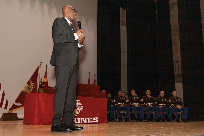 Retired U.S. Marine Corps Master Gunnery Sgt. William Barr, the guest of honor, gives a speech at the Basic Recruiter’s Course 1-25 graduation at Marine Corps Recruit Depot San Diego, California, Dec. 13, 2024. The mission of the BRC is to provide staff noncommissioned officers and noncommissioned officers the basic skills and knowledge in order to successfully inform young men and women about the opportunities and career paths the Marine Corps has to offer. (U.S. Marine Corps photo by Lance Cpl. Janell B. Alvarez)