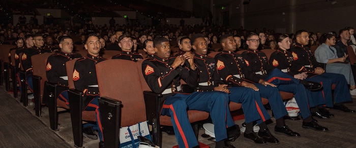 U.S. Marines with Marine Corps Recruiting Command view the Basic Recruiter’s Course 1-25 graduation at Marine Corps Recruit Depot San Diego, California, Dec. 13, 2024. The mission of the BRC is to provide staff noncommissioned officers and noncommissioned officers the basic skills and knowledge in order to successfully inform young men and women about the opportunities and career paths the Marine Corps has to offer. (U.S. Marine Corps photo by Lance Cpl. Janell B. Alvarez)