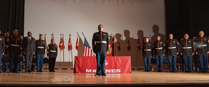 U.S Marine Corps Gunnery Sgt. Francisco Guillen, Basic Recruiter’s Course 1-25 class leader and a recruiter with Marine Corps Recruiting Command, dismisses the graduates at the BRC 1-25 graduation at Marine Corps Recruit Depot San Diego, California, Dec. 13, 2024. The mission of the BRC is to provide staff noncommissioned officers and noncommissioned officers the basic skills and knowledge in order to successfully inform young men and women about the opportunities and career paths the Marine Corps has to offer. (U.S. Marine Corps photo by Lance Cpl. Janell B. Alvarez)