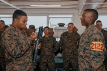 U.S. Marine Corps Company Commander, Capt. Brandon Carter, left, with Fox Company, 2nd Recruit Training Battalion, inspects Lance Cpl. Malcolm Ransom’s rifle during a company commander’s inspection at Marine Corps Recruit Depot San Diego, California, Dec. 14, 2024. The company commander’s inspection surveys new Marines for knowledge, bearing, and attention to detail before the battalion commander’s inspection, one of their last tests before graduating. (U.S. Marine Corps photo by Lance Cpl. Janell B. Alvarez)