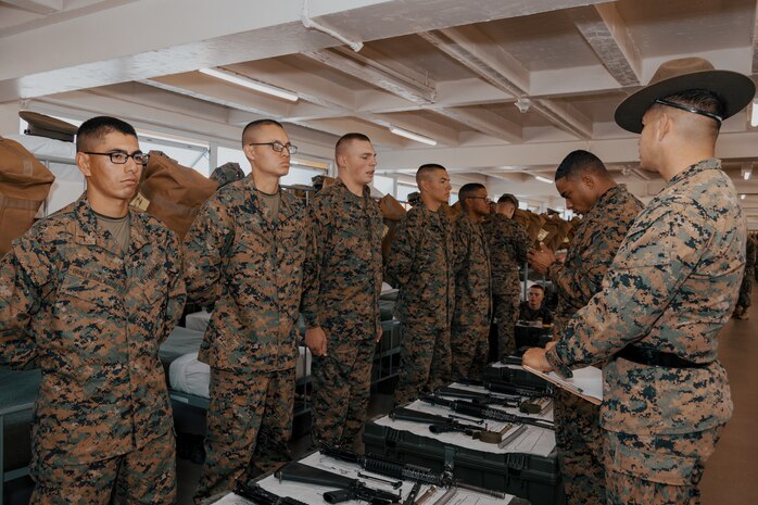 U.S. Marine Corps Company Commander, Capt. Brandon Carter, right, and Senior Drill Instructor, Staff Sgt. Arturo DelToro, both with Fox Company, 2nd Recruit Training Battalion, conduct a company commander’s inspection at Marine Corps Recruit Depot San Diego, California, Dec. 14, 2024. The company commander’s inspection surveys new Marines for knowledge, bearing, and attention to detail before the battalion commander’s inspection, one of their last tests before graduating. (U.S. Marine Corps photo by Lance Cpl. Janell B. Alvarez)