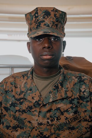 New U.S. Marine Corps Pfc. Kevonte Hardin, with Fox Company, 2nd Recruit Training Battalion, waits to be inspected during a company commander’s inspection at Marine Corps Recruit Depot San Diego, California, Dec. 14, 2024. The company commander’s inspection surveys new Marines for knowledge, bearing, and attention to detail before the battalion commander’s inspection, one of their last tests before graduating. (U.S. Marine Corps photo by Lance Cpl. Janell B. Alvarez)