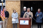 Rob Gray, President & CEO , Bath Area Family YMCA, welcomes guests to the official start of renovations for the new childcare center at 6 Farley Road in Brunswick. Behind him from left are Capt. Joshua Field, Executive Officer for the Supervisor of Shipbuilding - Bath, Heather Johnson, Commissioner of the Maine Department of Economic & Community Development, Charles F. Krugh, President, General Dynamics Bath Iron Works and Annie Colaluca, Executive Director of Early Learning and Family Services for the Bath Area Family YMCA. Also attending the event were representatives from Maine’s Congressional delegation, Maine state officials, staff and board members from the YMCA and shipbuilders from Bath Iron Works.