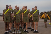 U.S. Marine Corps recruits with Echo Company, 2nd Recruit Training Battalion, stand in formation after a physical fitness test at Marine Corps Recruit Depot San Diego, California, Dec. 16, 2024. The PFT is an evaluation that all recruits must pass and sets the standards all Marines must maintain once a year to assess battle readiness as well as physical conditioning. The Marine Corps is a professional, disciplined, and capable force. Honor, courage, and commitment are seen and felt in the shared experiences, hardships and challenges we face together in training, and in combat. These values embody what it is to be a Marine, and they live in the collective soul of our Corps. (U.S. Marine Corps photo by Lance Cpl. Janell B. Alvarez)