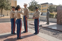 U.S. Marine Corps Drill Instructors, Staff Sgt. Burruel Delacruz, front left, and Staff Sgt. Barry Clayton, back left, both with Charlie Company, 1st Recruit Training Battalion, are presented a Navy and Marine Corps Achievement Medal at Marine Corps Recruit Depot San Diego, California, Dec. 13, 2024. A NAM is given to members of the U.S. Navy and Marine Corps for meritorious service or achievement. Delacruz and Clayton received a NAM for exemplifying unrivaled courage and extraordinary presence of mind when confronting a life-threatening emergency. The words “drill instructor, drill instructor, drill instructor” were called and Delacruz and Clayton sprang into action to save a fourteen-month-old infant who was unconscious and not breathing. Providing CPR and proper throat sweeping techniques they successfully dislodged the obstruction and the infant regained consciousness. Likely saving baby Aisla’s life.  The family of the infant was onsite during the ceremony and presented the awards. The Marine Corps has served the Nation honorably for 250 years. Marines embody the uncompromising standards and characteristics of honor, courage and commitment.