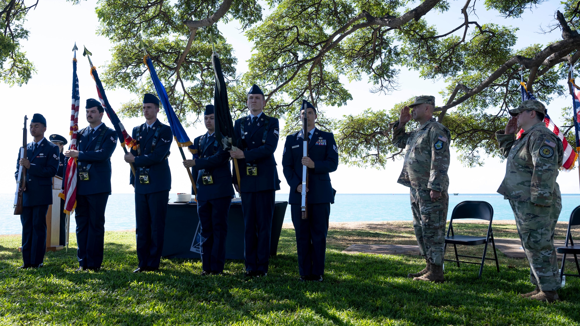 Nine military people stand in a line holding flags or saluting