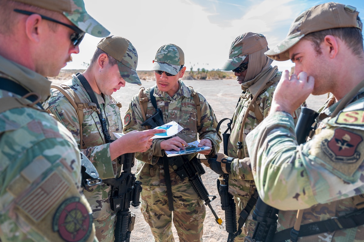 U.S. Air Force Airmen assigned to the 13th Combat Air Base Squadron conduct land navigation operations during the 13th CABS first Air Task Force training event, Dec. 13, 2024, at Camp McGregor, New Mexico.