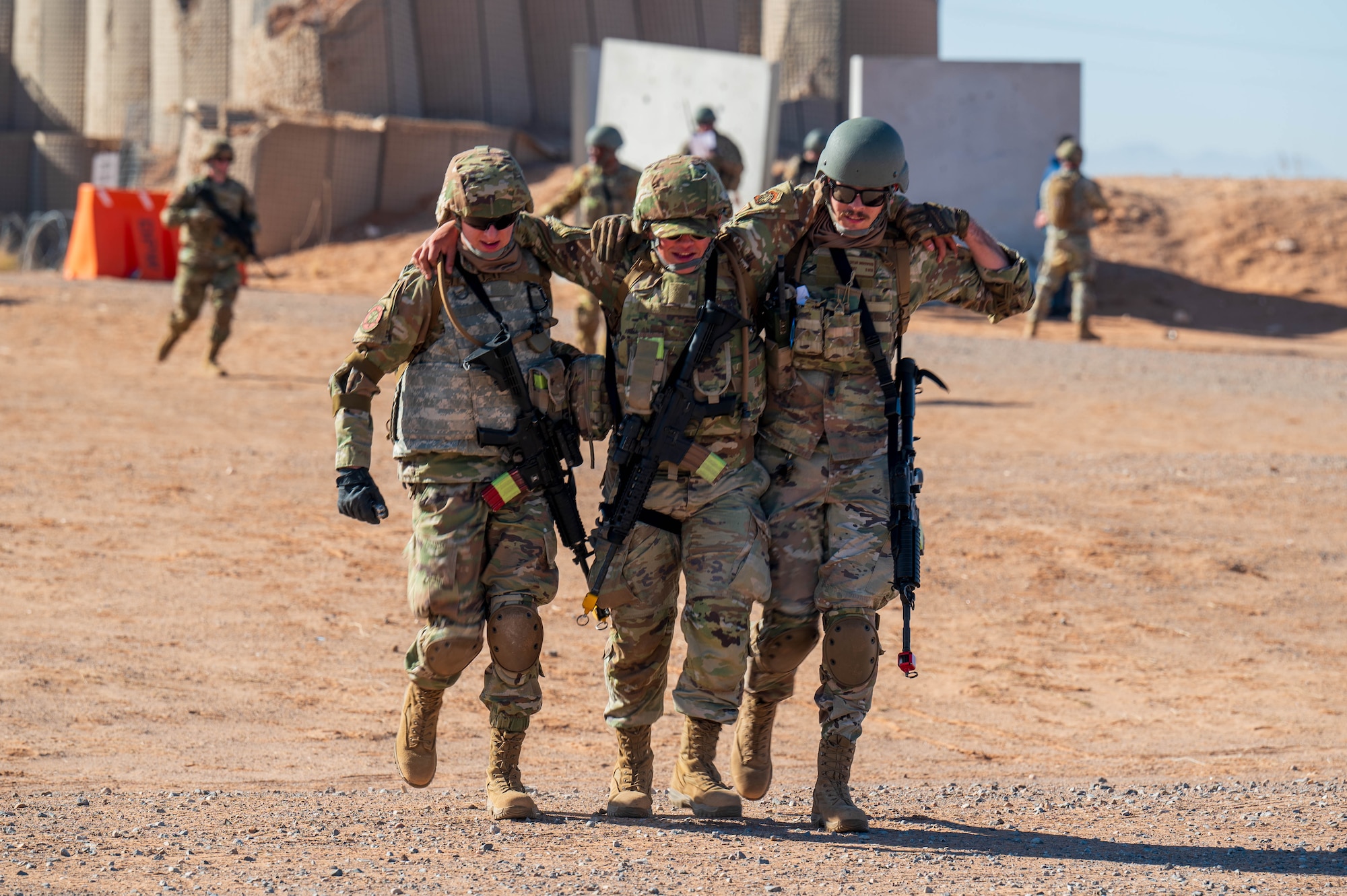 U.S. Air Force Airmen assigned to the 13th Combat Air Base Squadron evacuate a simulated casualty during the final combat training exercise of the 13th CABS first Air Task Force training event, Dec. 15, 2024, at Camp McGregor, New Mexico.