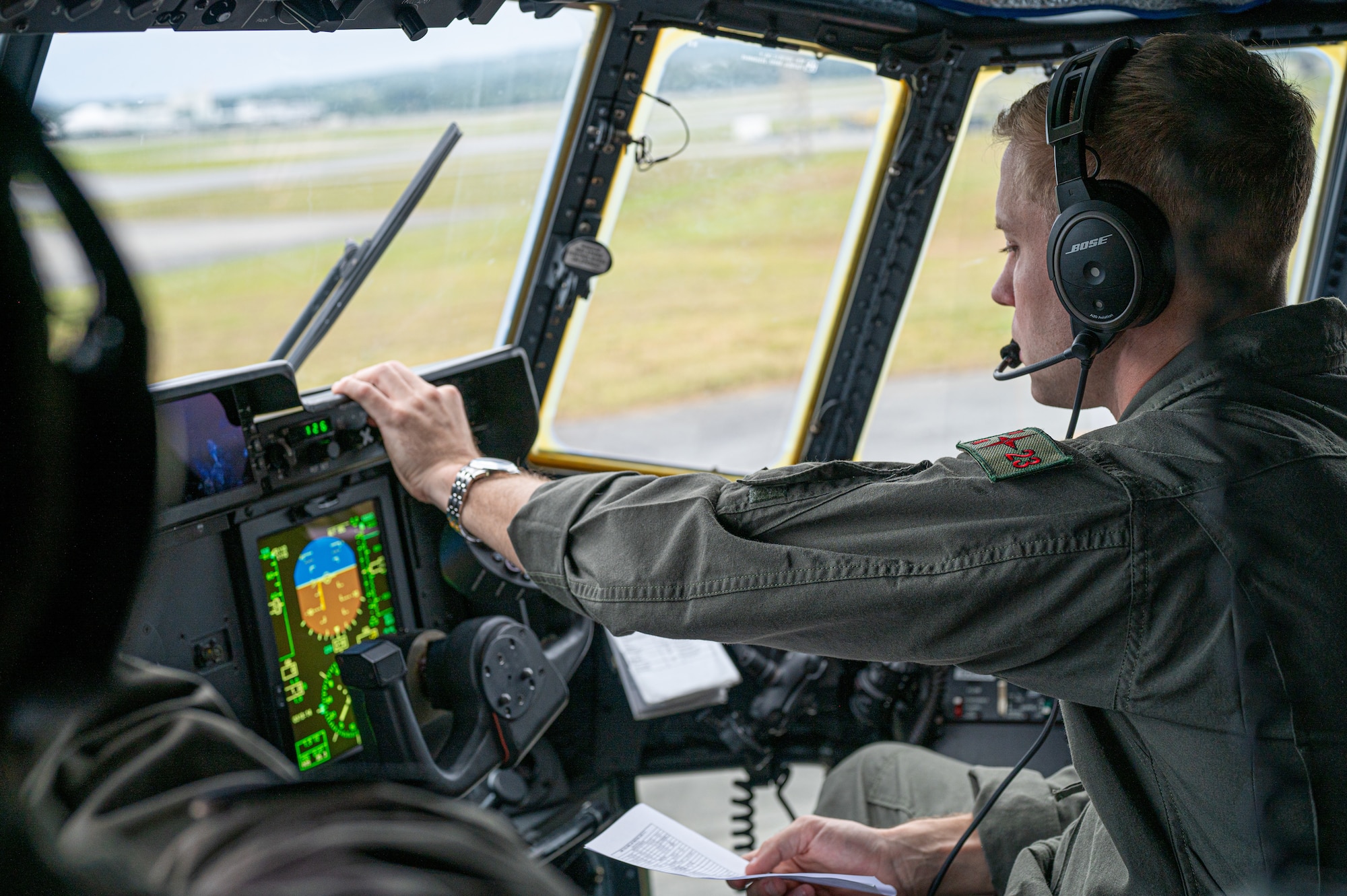 U.S. Marine Corps Capt. Alec Wojcik, Marine Aerial Refueler Transport Squadron 152 aircraft commander, prepares for take off during a patient transfer exercise with the 18th Aeromedical Evacuation Squadron at Kadena Air Base, Japan, Dec. 18, 2024.