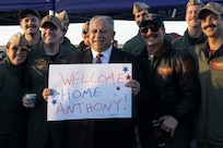 Secretary of the Navy Carlos Del Toro meets with Sailors from Arleigh Burke class guided-missile destroyer USS Bulkeley (DDG 84) and their families during their return to Naval Station Rota, Spain Dec. 20, 2024.