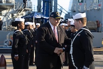 Secretary of the Navy Carlos Del Toro meets with Sailors from Arleigh Burke class guided-missile destroyer USS Bulkeley (DDG 84) and their families during their return to Naval Station Rota, Spain Dec. 20, 2024.