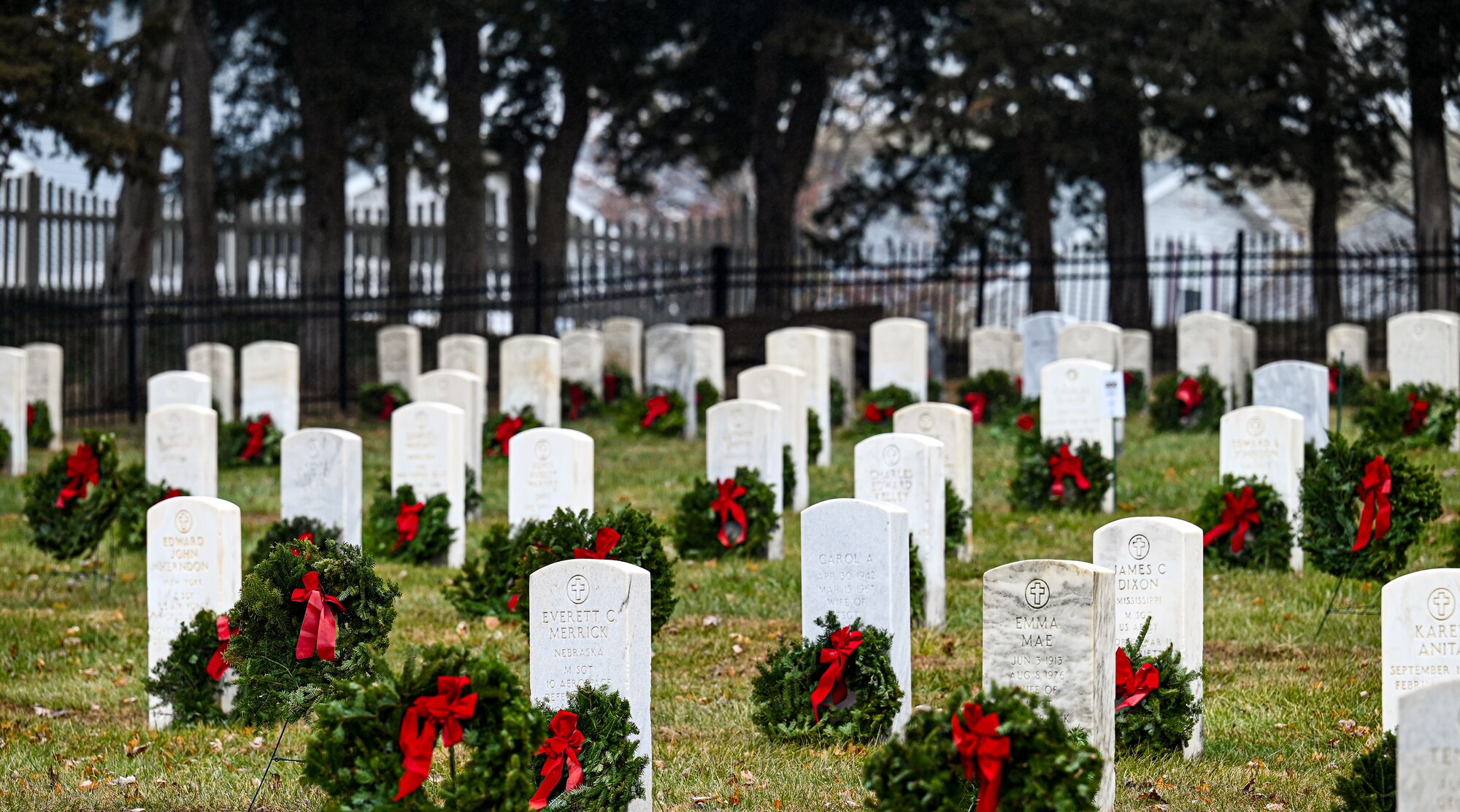 Wreaths lay on headstones