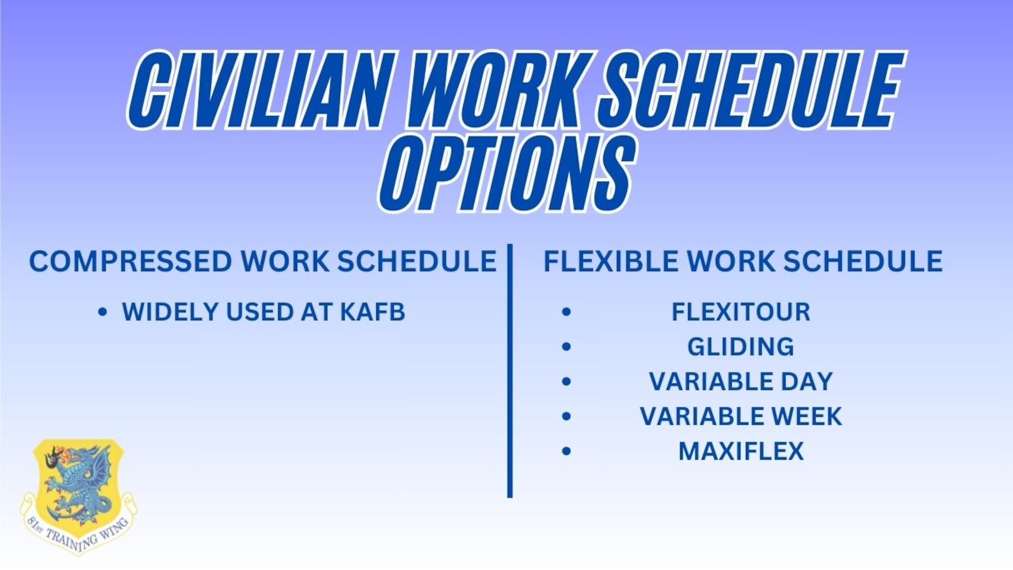Graphic highlighting Keesler Air Force Base's new civilian work schedule options. (U.S. Air Force graphic by Senior Airman Trenten Walters)