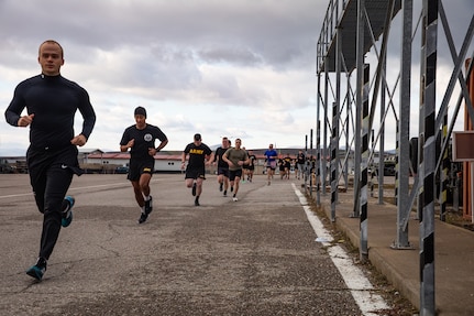 Multinational soldiers assigned to Kosovo Force 34 Regional Command-East participate in the basic fitness test portion of the German Armed Forces Proficiency Badge event held on Camp Novo Selo, Kosovo, Dec. 15, 2024.