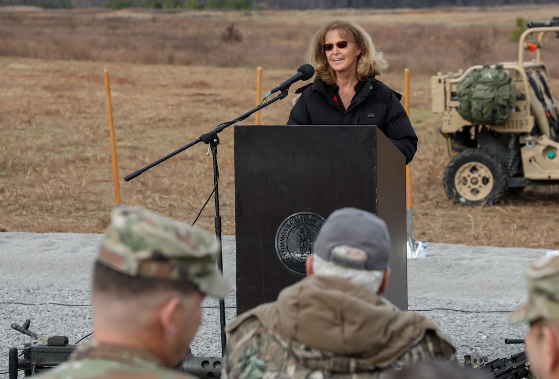 Ms. Martha Jane King, a field representative from the Department for Local Government, Office of the Governor, speaks during the groundbreaking ceremony of the new multi-purpose machine gun range on Wendell H. Ford Regional Training Center Dev, 13, 2024.