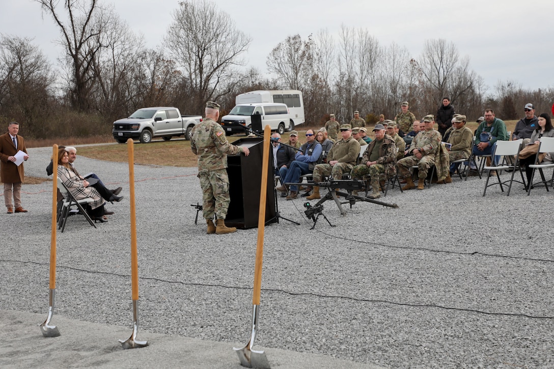 The Adjutant General for Kentucky, Maj. Gen. Hal Lamberton, speaks during the groundbreaking ceremony of the the new multi-purpose machine gun range on Wendell H. Ford Regional Training Center in Greenville, Ky. Dec. 13, 2024.