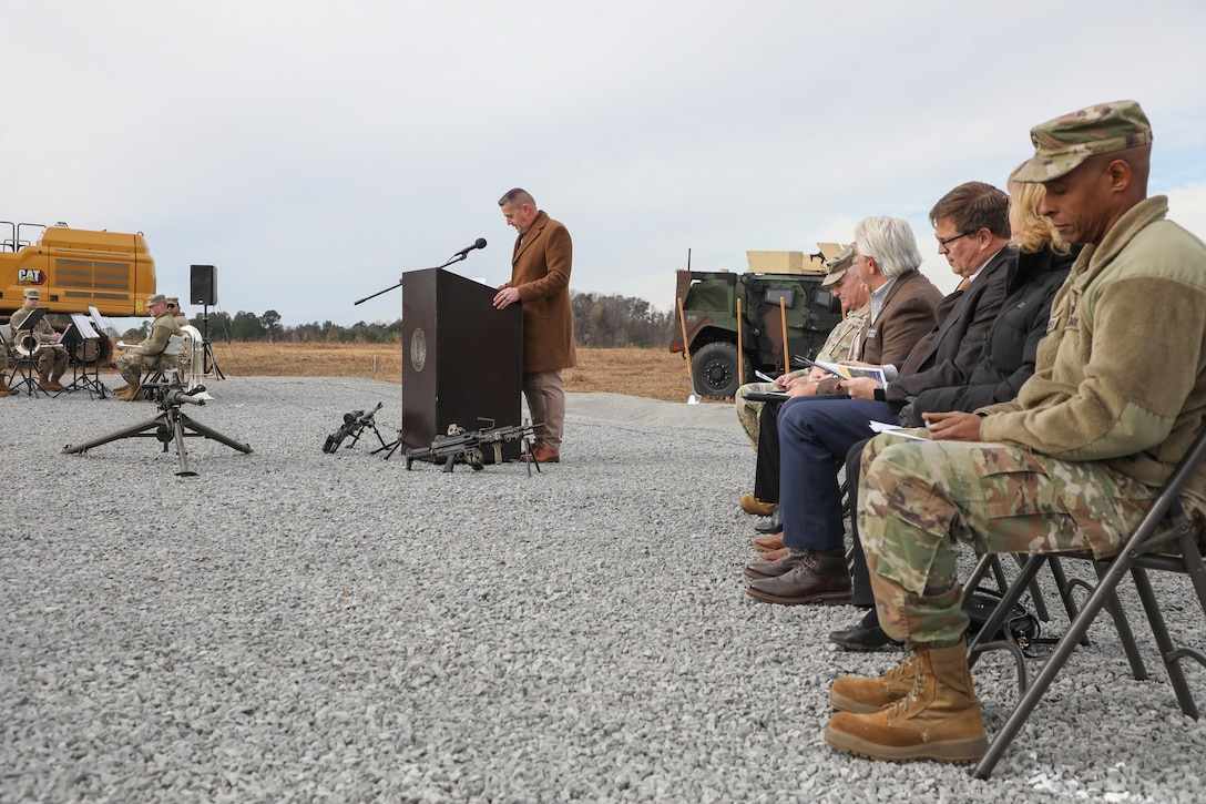 Mr. Steven King, Chief of Staff, Kentucky National Guard, emcees the groundbreaking ceremony of the new multi-purpose machine gun range on Wendell H. Ford Regional Training Center in Greenville, Ky. Dec. 13, 2024.